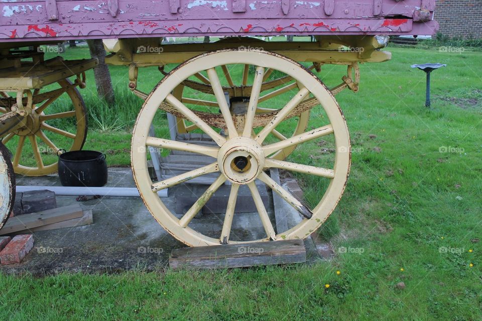 Wheel of wooden Romany gypsy caravan 