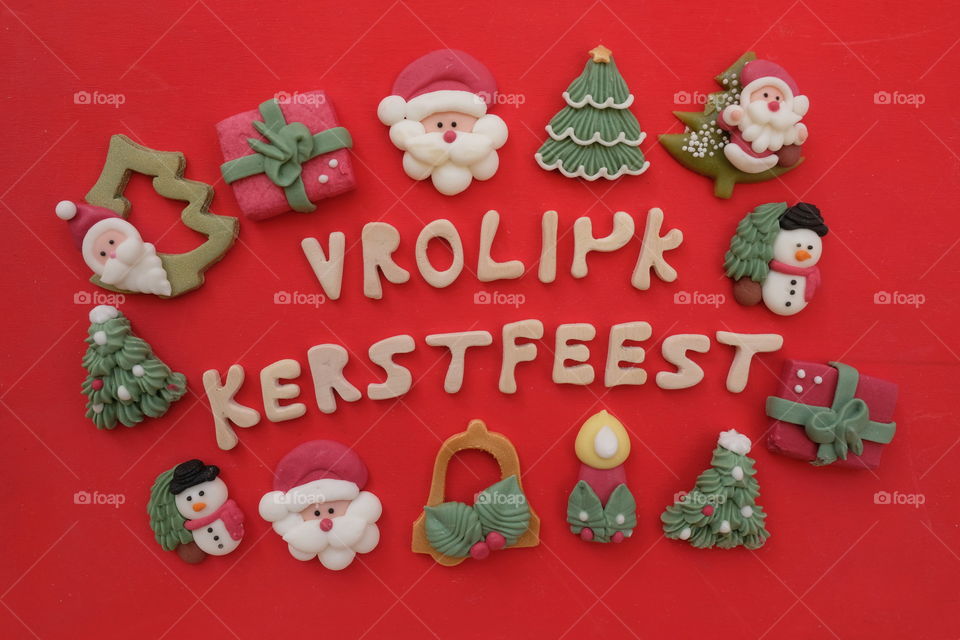 Vrolijk Kerstfeest, Dutch Merry Christmas with marzipan Christmas symbols