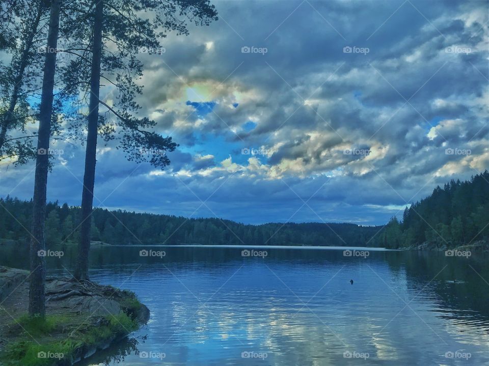 View at sunset time by lake 