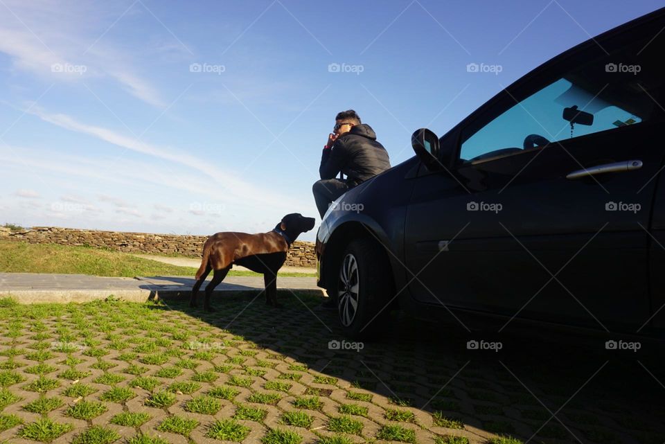 Car#human#dog#sky#travel#explore