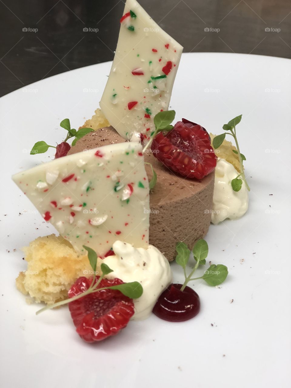 Chocolate mousse, short bread, raspberry, peppermint white chocolate bark
