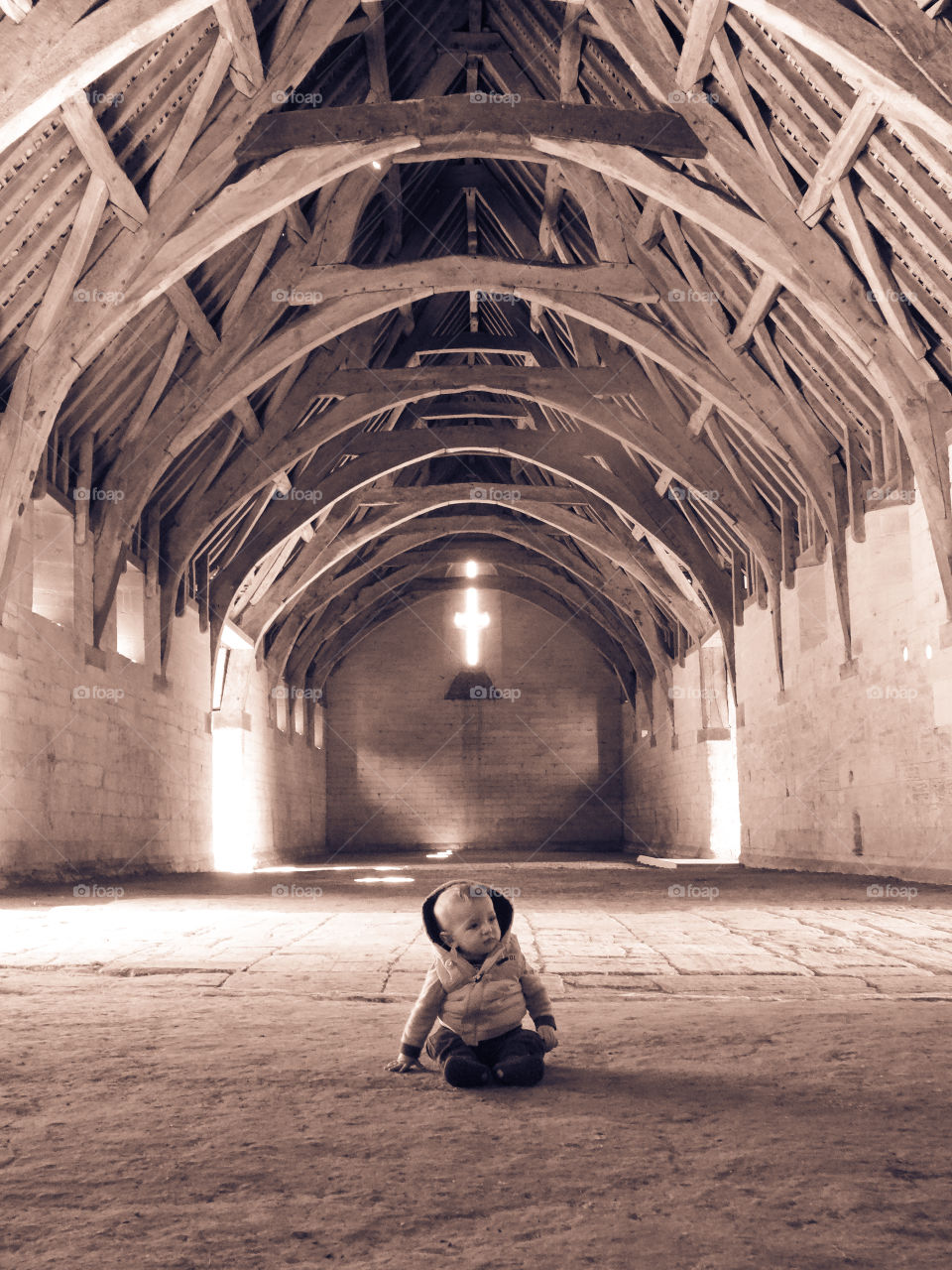 Historic barn meets baby boy. On a family day out I spotted an opportunity to capture a photo of my son in a historic barn with no one around but him