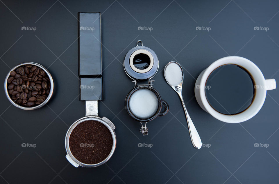 Flat lay of ingredients to make a cup of coffee