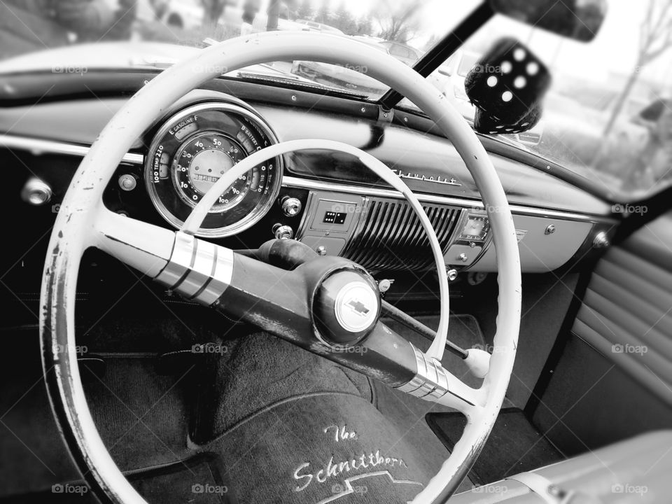 old classic car interior black white