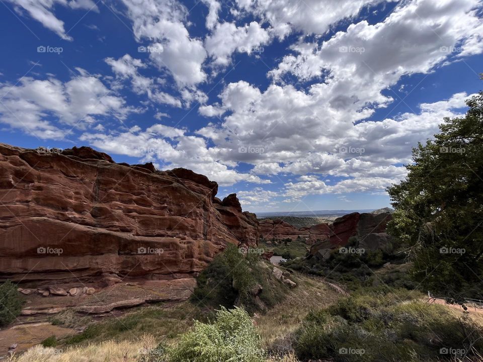 Red Rocks park in the fall with clouds in the sky