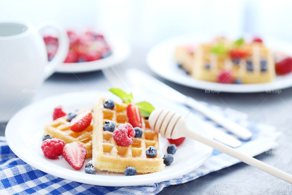 Belgium waffles with berries. Tasty food