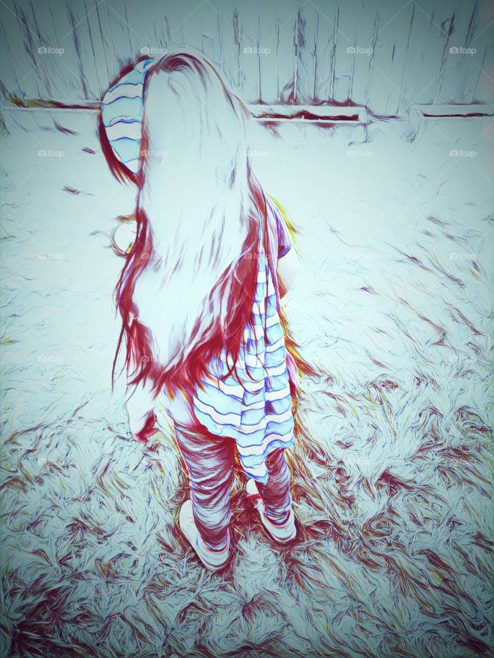 Sketch style photo of whimsical, long haired little girl with blue and white striped scarf falling down her back.