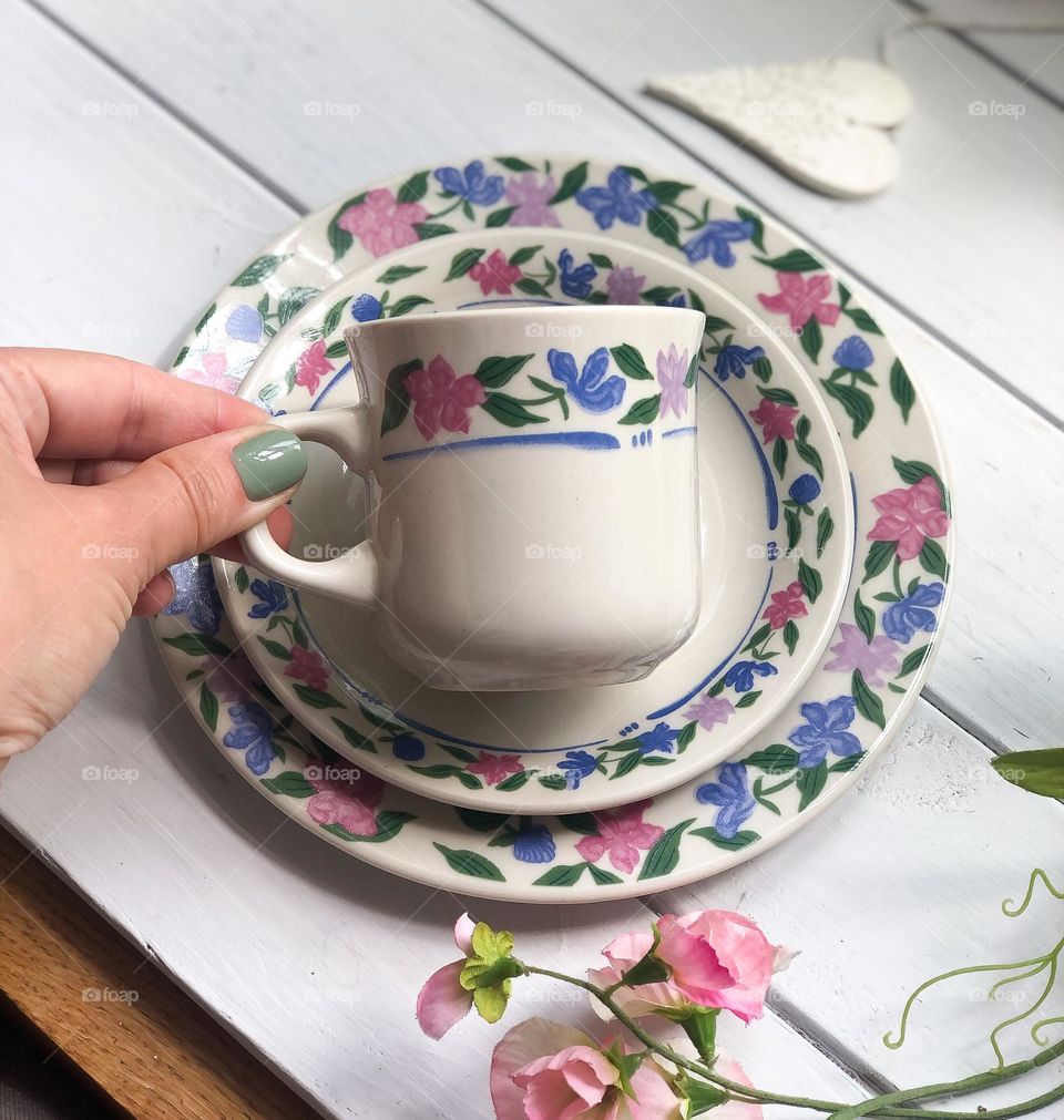 Vintage coffee trio or breakfast set with hand painted floral ornament