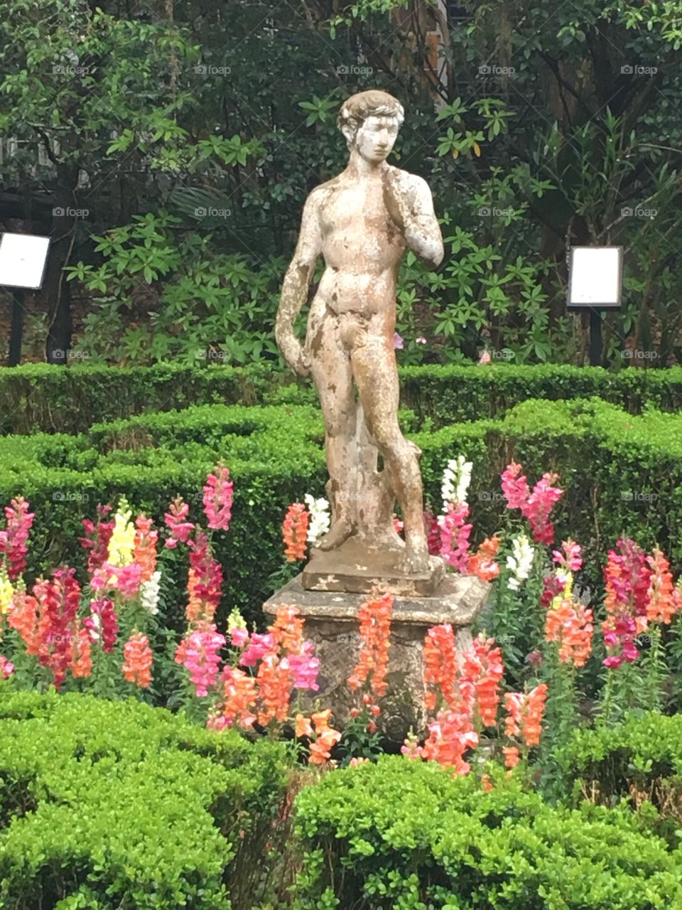 A sculpture of a man keeps guard over the flowers