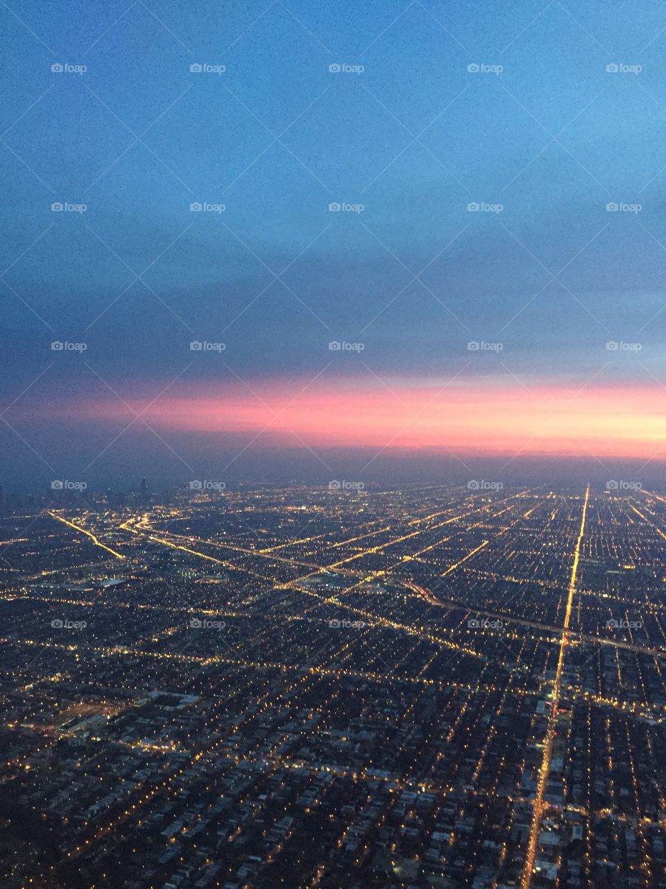 View from plane- Chicago sunset
