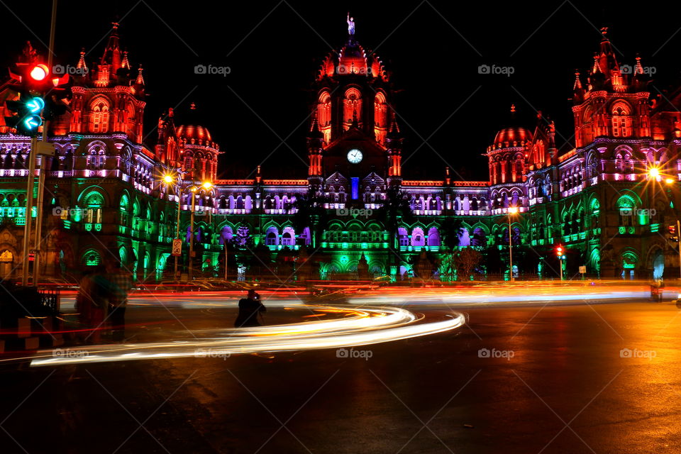 iconic Victoria Terminus illuminated with  three colors of Indian flag  in the night in Mumbai, the city of dreams!!
