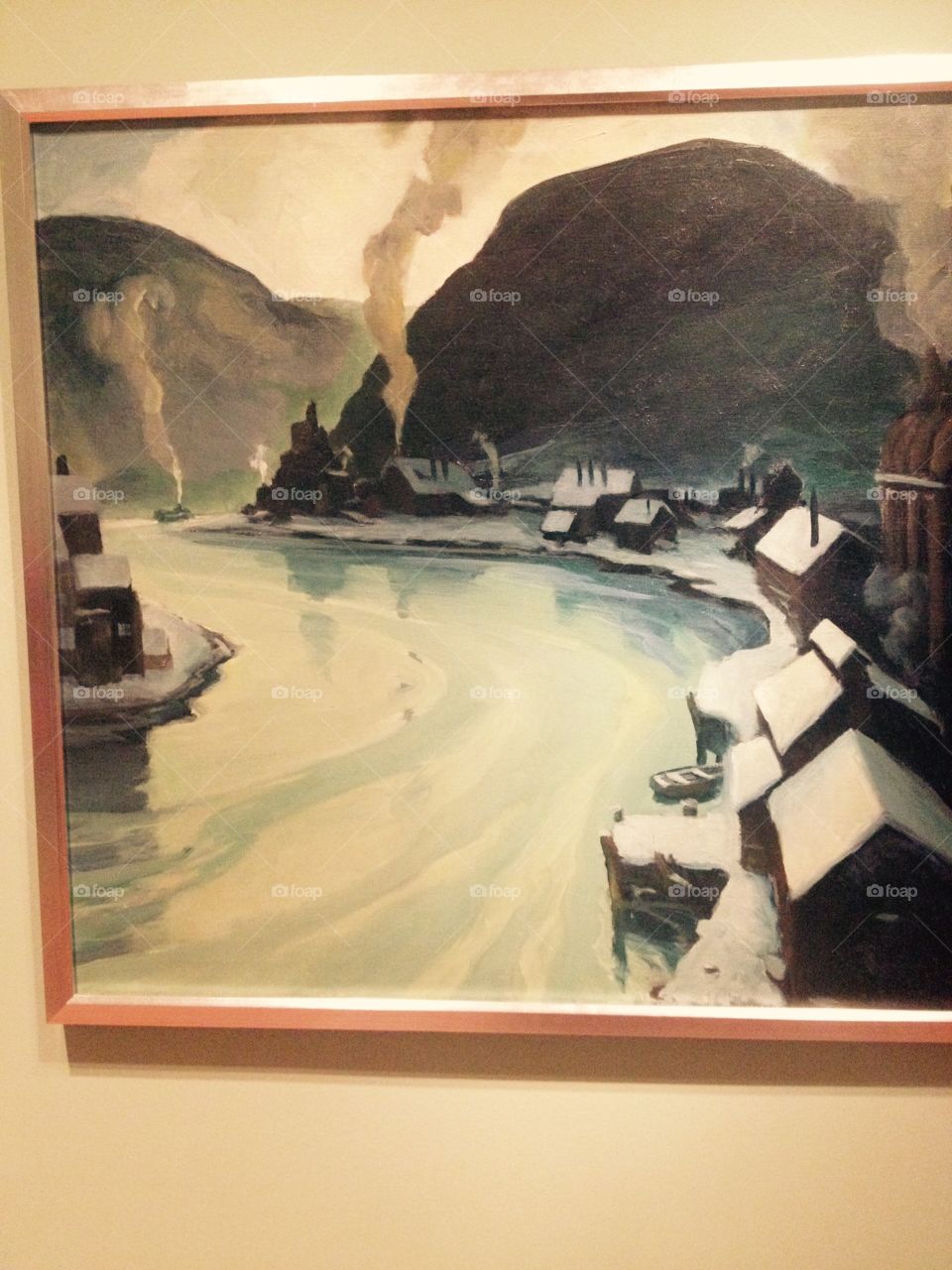 Painting of houses in snow at museum 