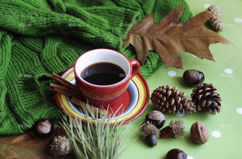 Autumn coffee cup, cones, leaves, cinnamon
