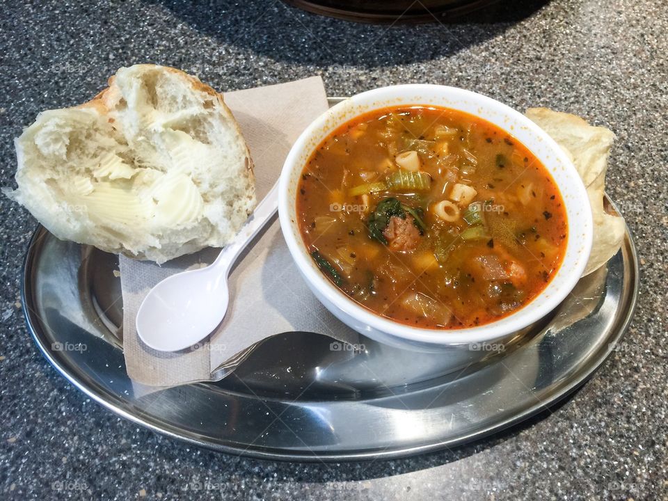 Italian wedding soup at the soup Mediterranean in Lonsdale Quay in North Vancouver, British Columbia 
