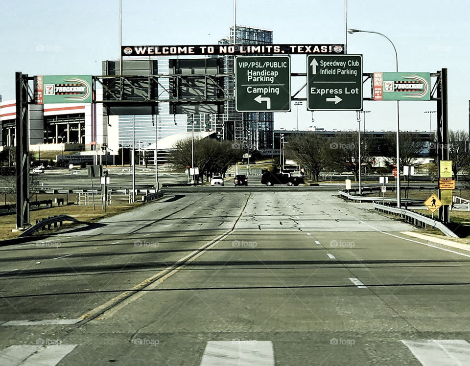 The entrance to the Texas Motor Speedway near Fort Worth proclaims Welcome to No Limits Texas!