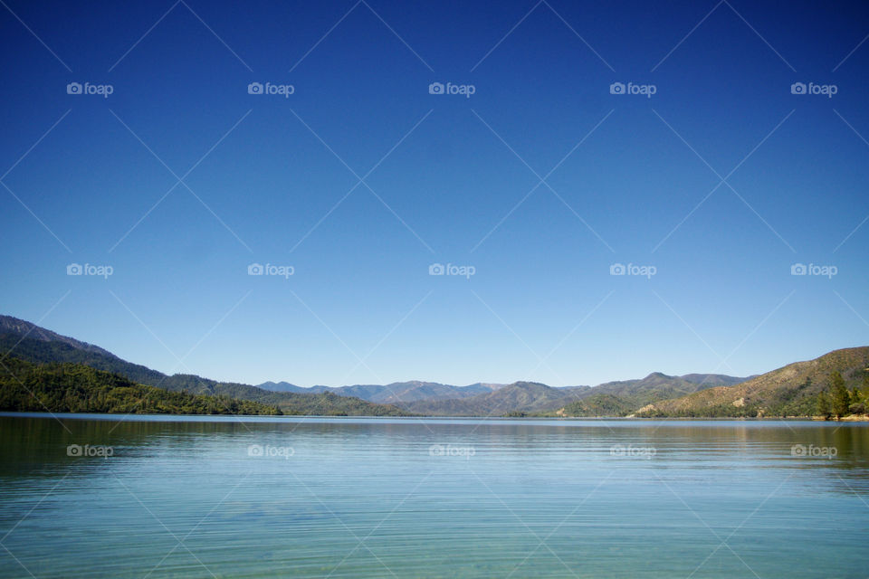Lake and mountain view with blue skies
