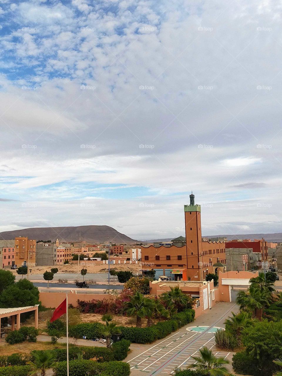 A scene of the mosque ,houses and the mountain which is called the head of the eagle..An amazing scene seen from the school