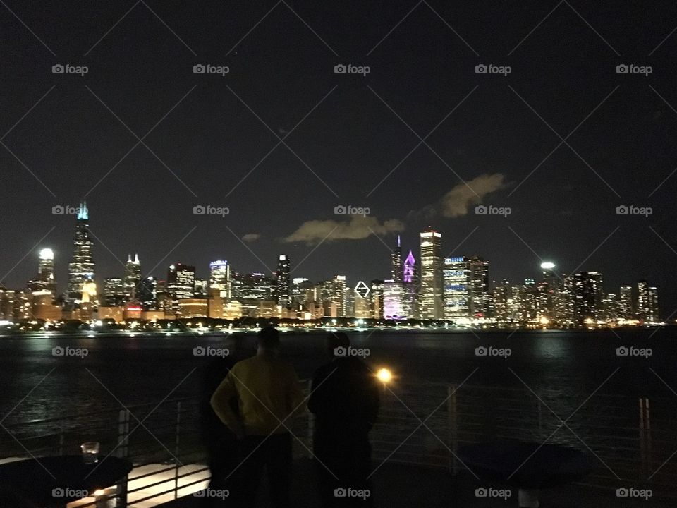 Chicago skyline lights at night 