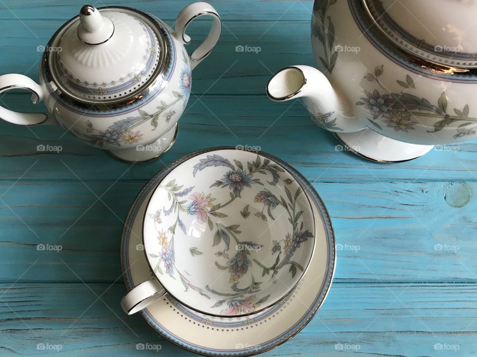 Tea set in blue-cup, saucer, sugar bowl, teapot-elegant