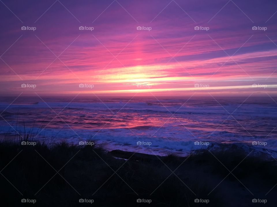 Purple orange sunset Oregon Coast