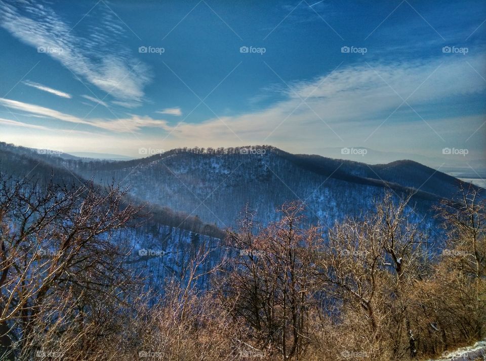 Snowy mountain in autumn