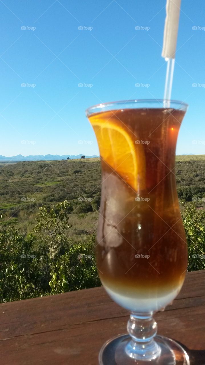 long Island icetea. Enjoying a nice long island ice tea at garden route game lodge qith a view of elephants far in the background.