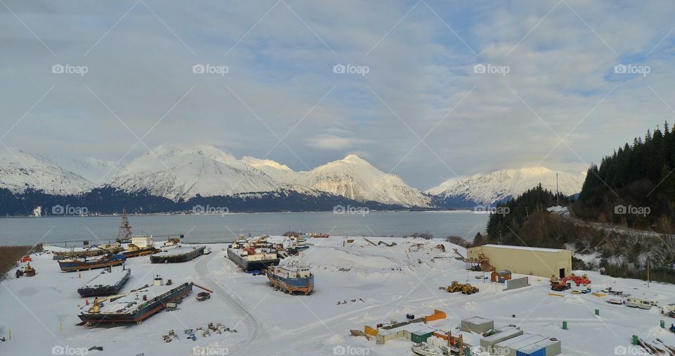 Frozen ships in a shipyard.