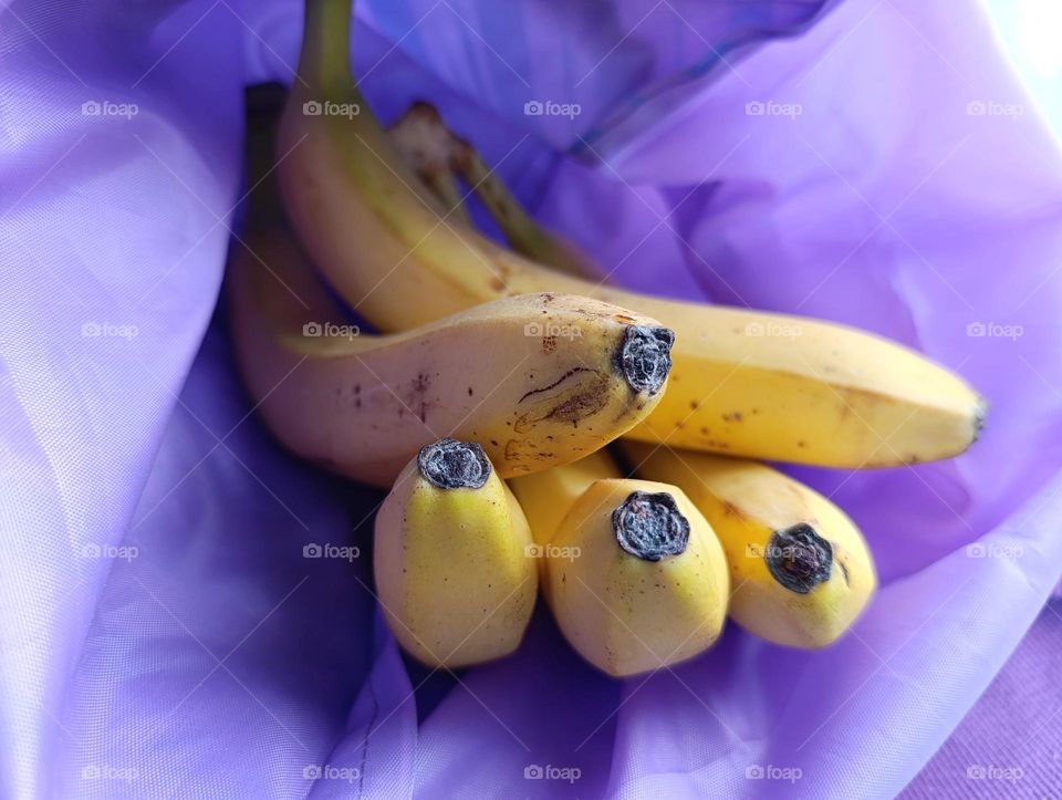 yellow bananas in the purple bag.