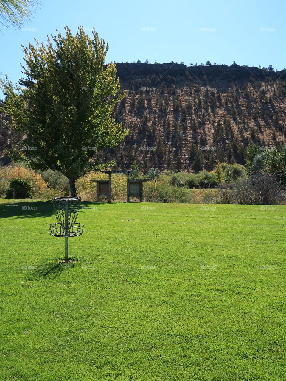 Frisbee Golf Course at Rimrock Park in Prineville in Central Oregon on a sunny fall day. 