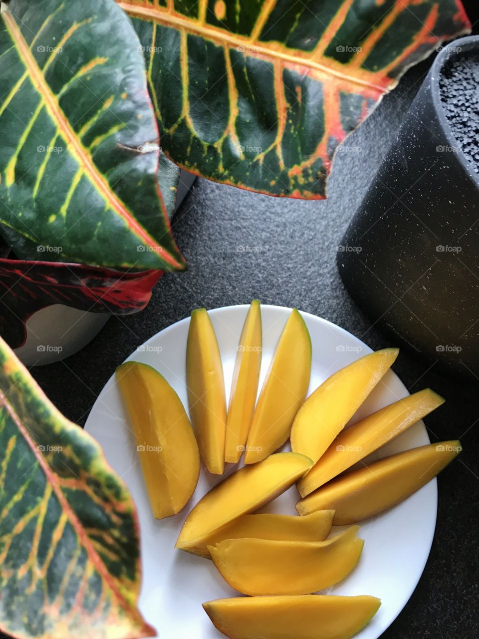 Mango slices on a plate under plant leaves. Flatlay food background 