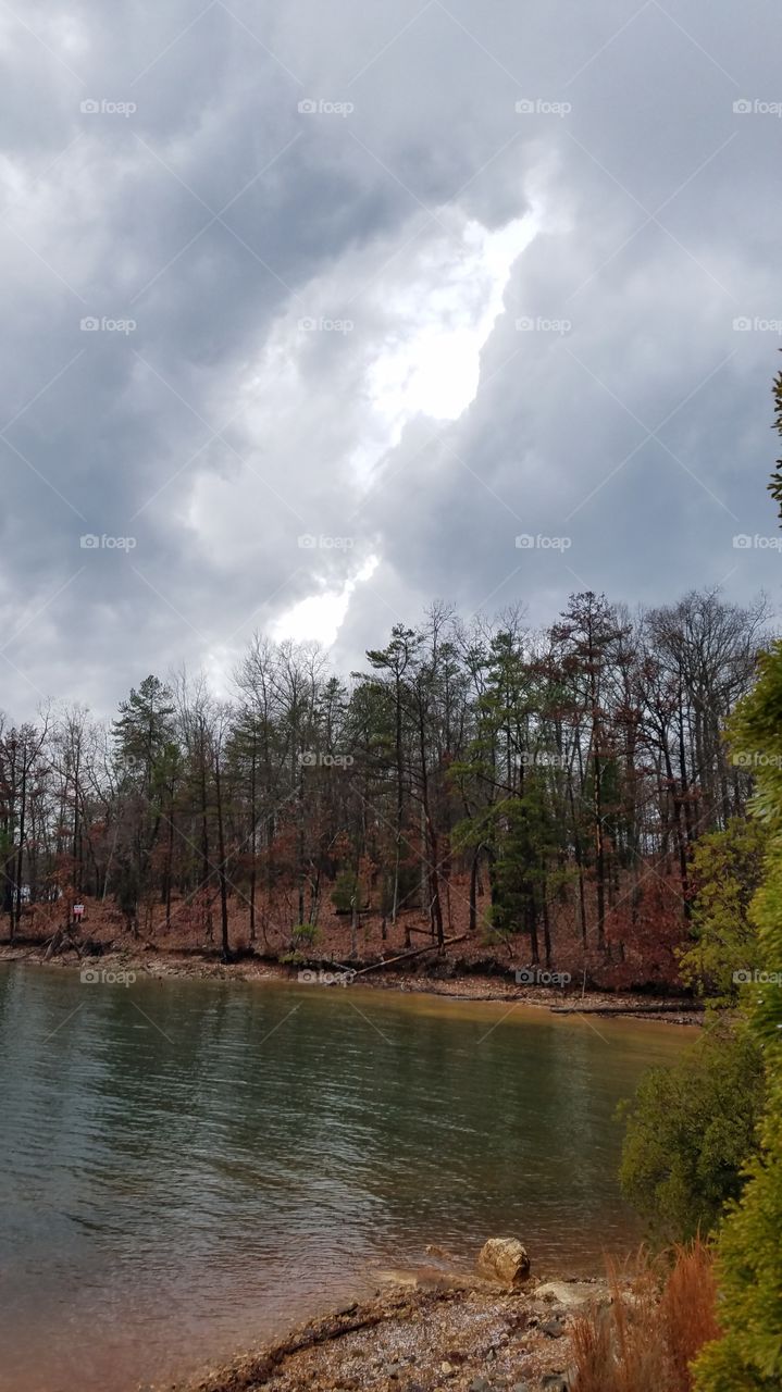 cloudy, wet day by the lake.