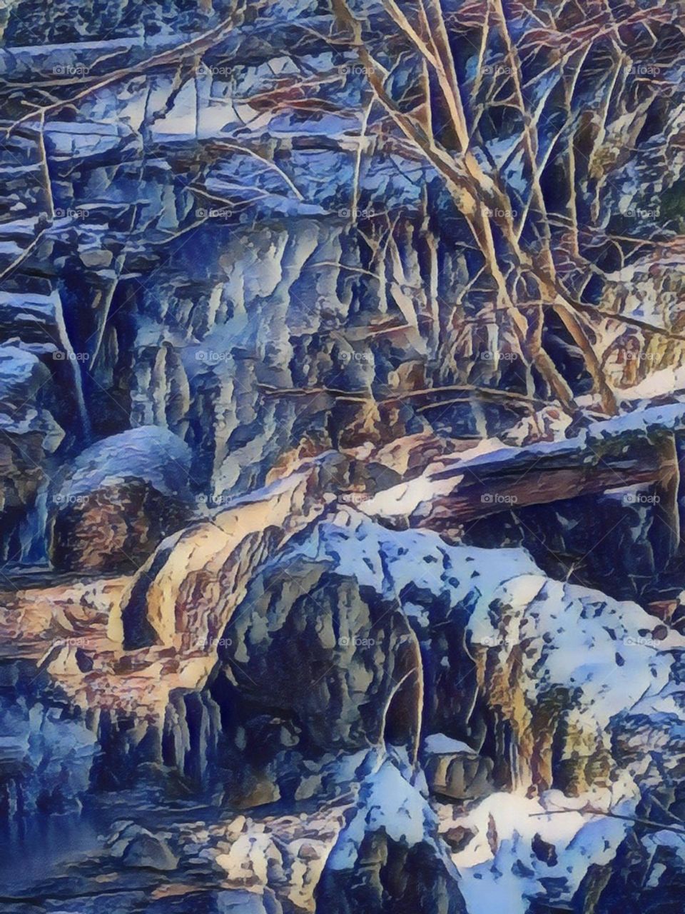 Watercolor Rocks Trees Snow Ice