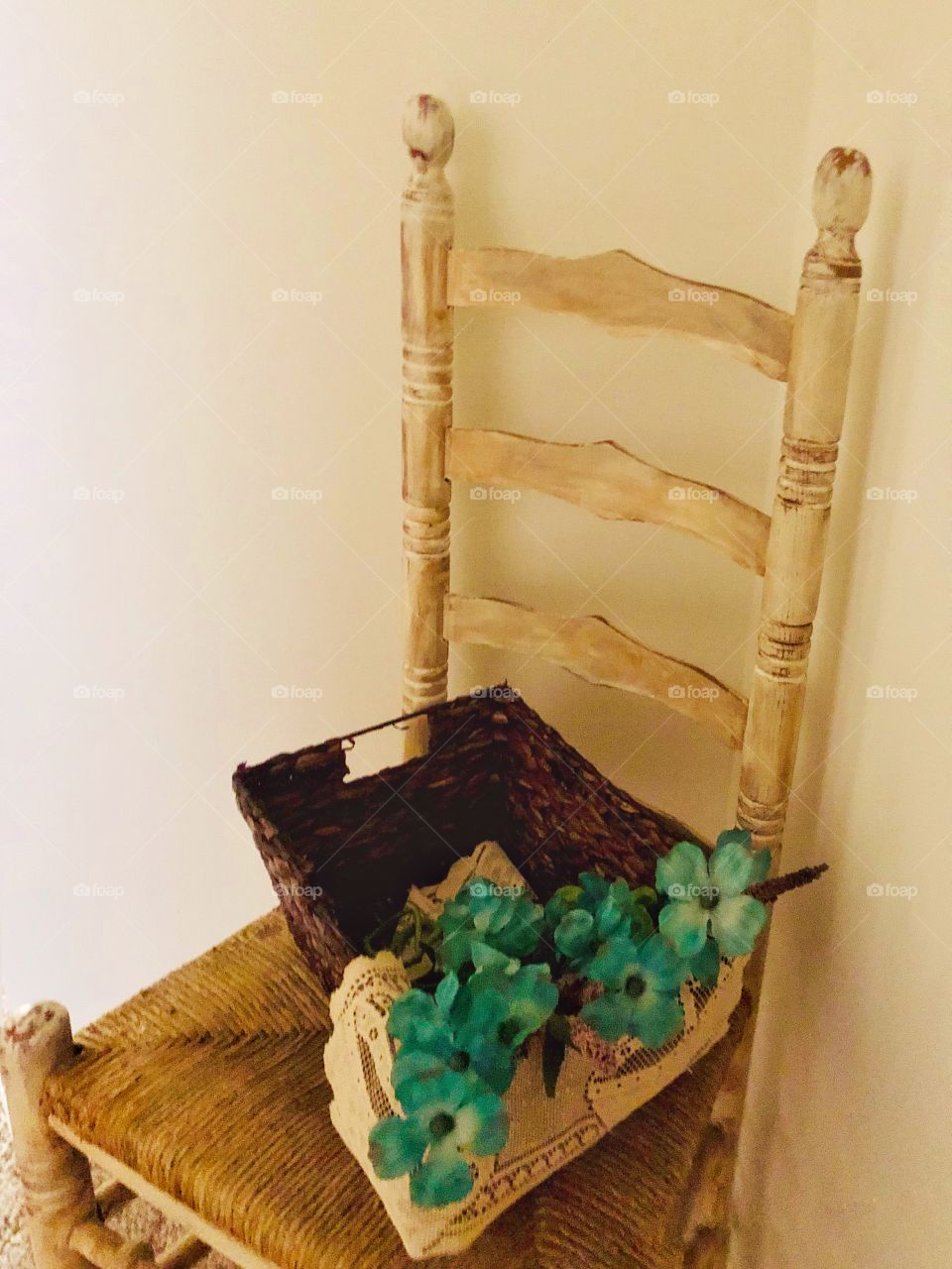 Antique wicker chair & flower basket 