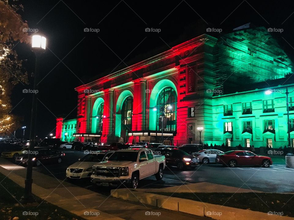 Union station at night. KCMO. Festive, fun, family night out walking in the cold. 