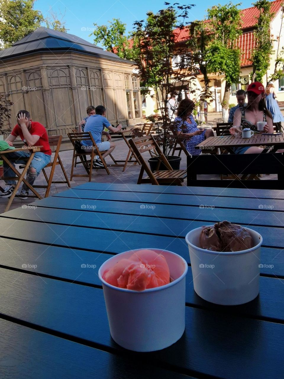 Ice cream on the veranda of the cafe