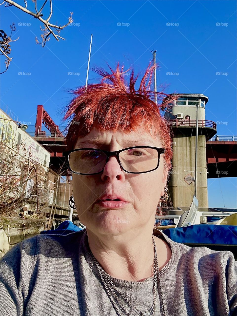 This is me, “Petra Schiller” a.k.a. “Maxine Firefox” a.k.a. “Maximiliane Feuerfuchs” aboard the “28 foot 1969 Luhrs” cabin cruiser that is home to myself and my longtime partner “Timothy Trespas”. 2023. Hypnotic Productions