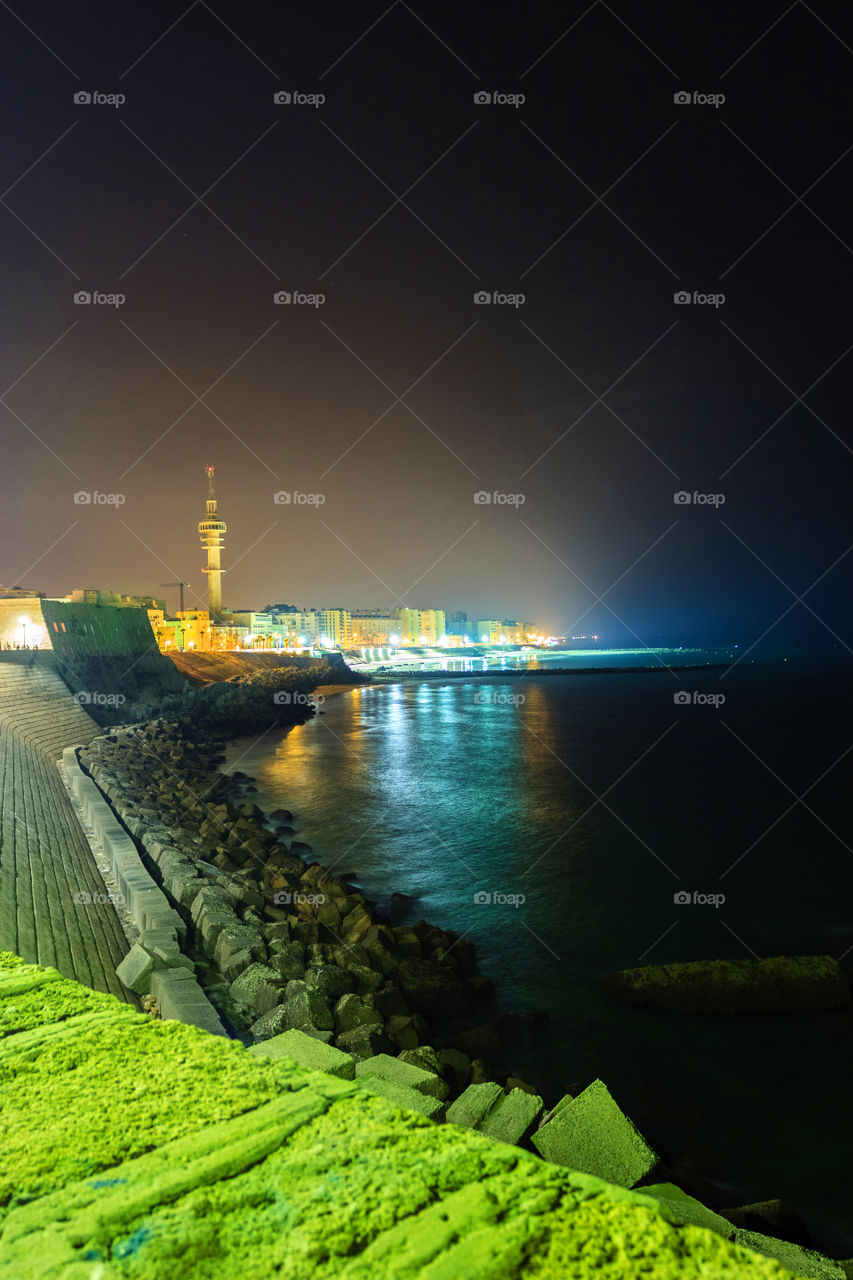 Night sea landscape. Cadiz, Andalusia, Spain