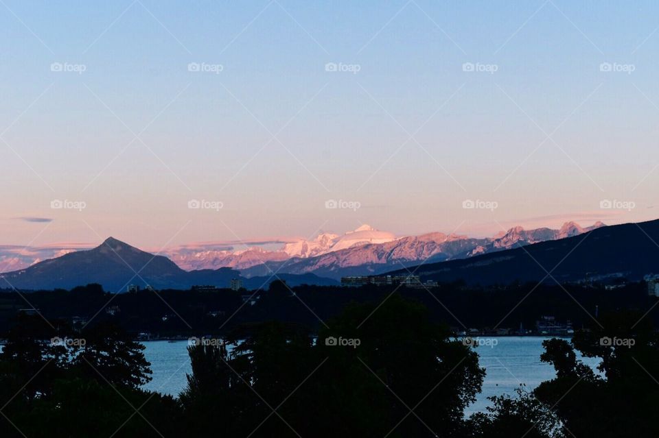 Mont Blanc mountain and Lake Geneva view in Switzerland 