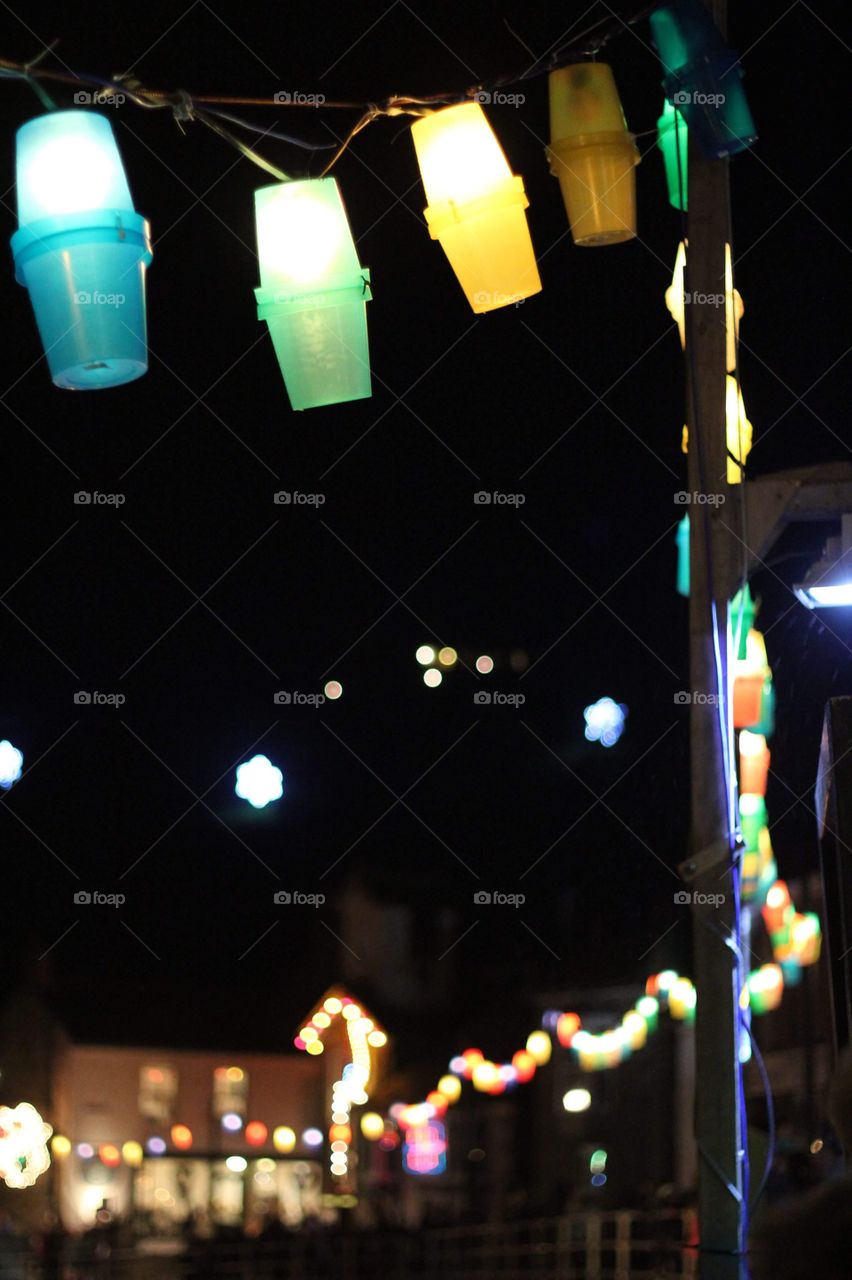Colourful Lanterns lit up at night 