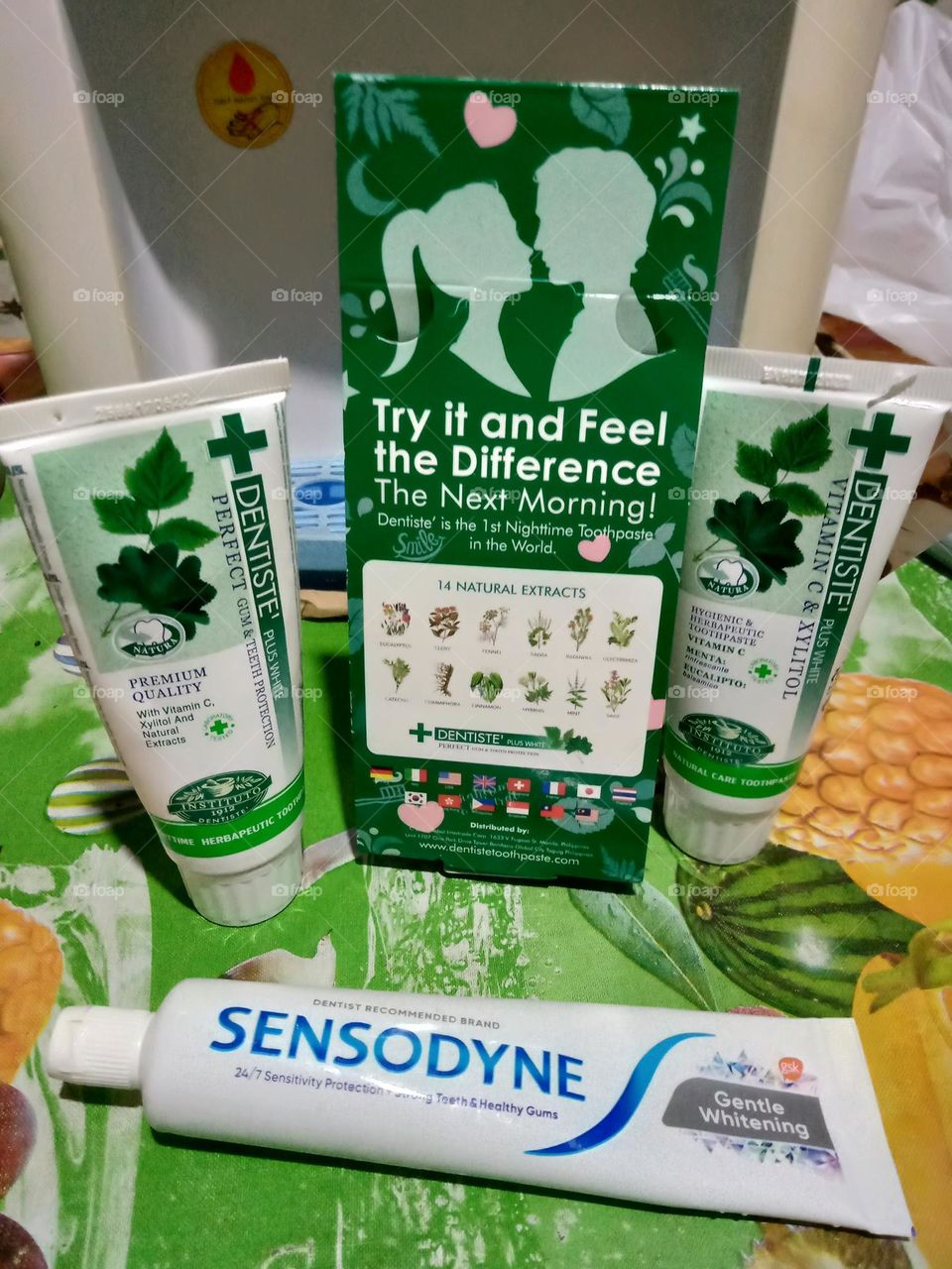 DENTISTE' PLUS WHITE , GUM & TEETH PROTECTION,, THE FIRST NIGHTIME TOOTHPASTE IN THE WORLD, WITH 14 NATURAL EXTRACTS,,,; AND SENSODYNE TOOTHPASTE- SENSITIVITY PROTECTION