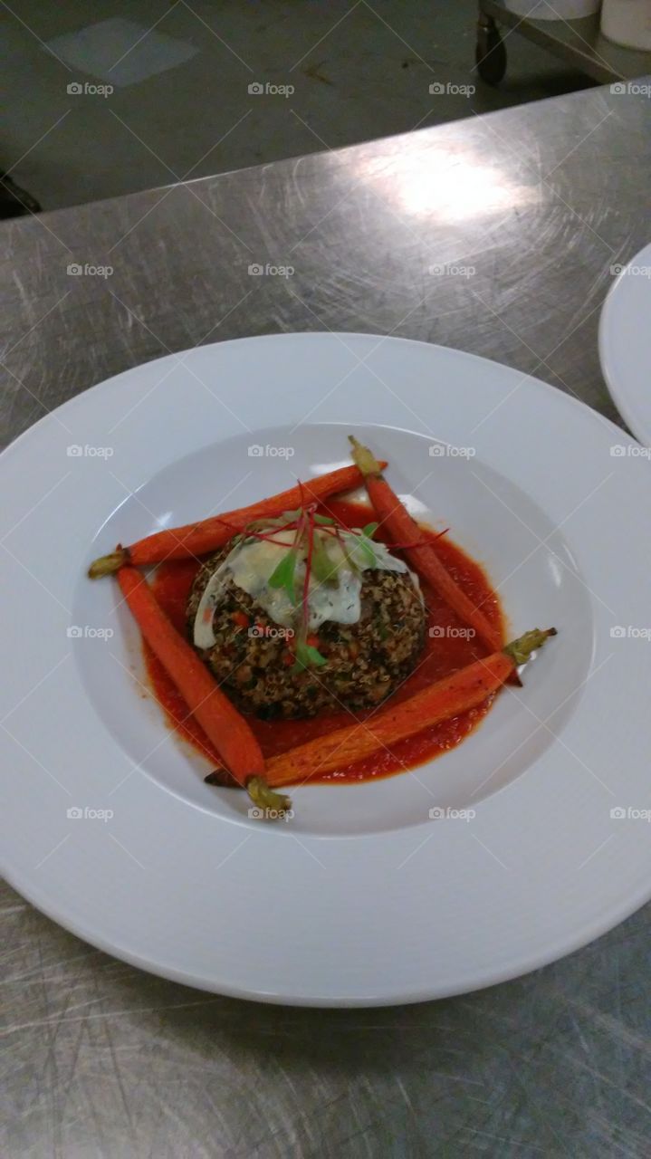 all veg quinoa with vegan cheese, tomato sauce, and roasted carrots
