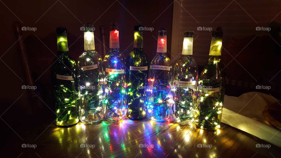 wine bottles with lights