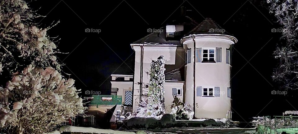 This is the illuminated castle “Aspenstein” at “Kochel am See”, “Kochel at the Lake”, a resort town north of the “Alps” in “Bavaria”, Germany at night. 2024. Hypnotic Productions