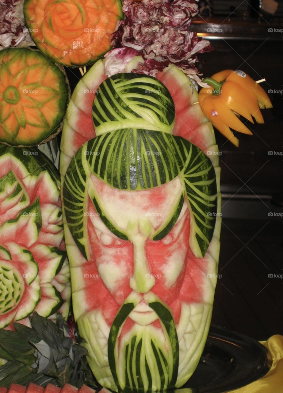 Carved Food Art - Asian Man on Watermelon