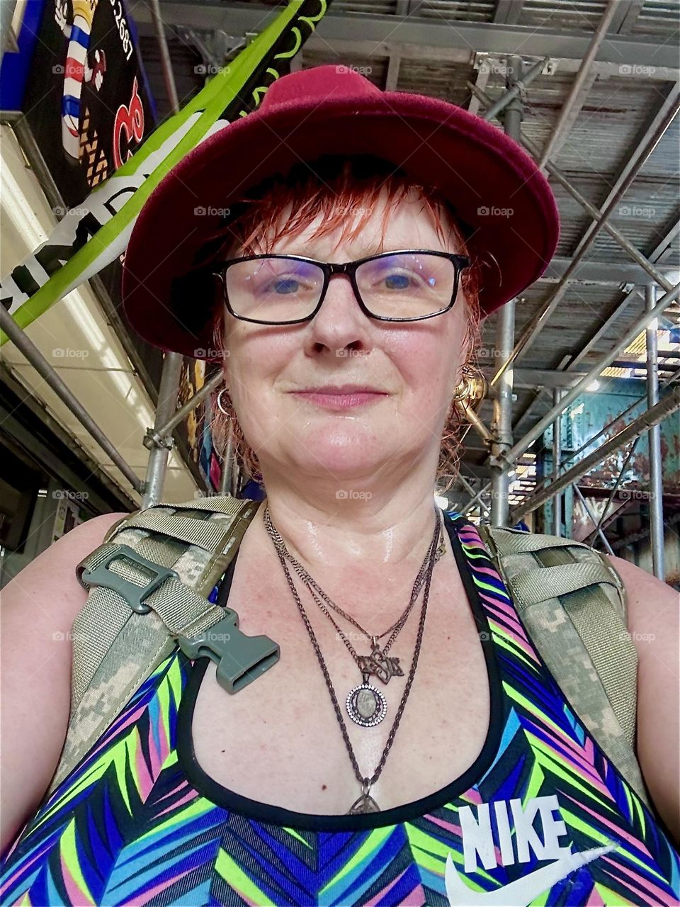 This is me, “Petra Schiller” a.k.a. “Maxine Firefox” in the busy area on “Broadway” and “Myrtle Ave” in “Bushwick”, Brooklyn by the “M” train “Myrtle Ave” station” and “overpass”. 2024. Hypnotic Productions
