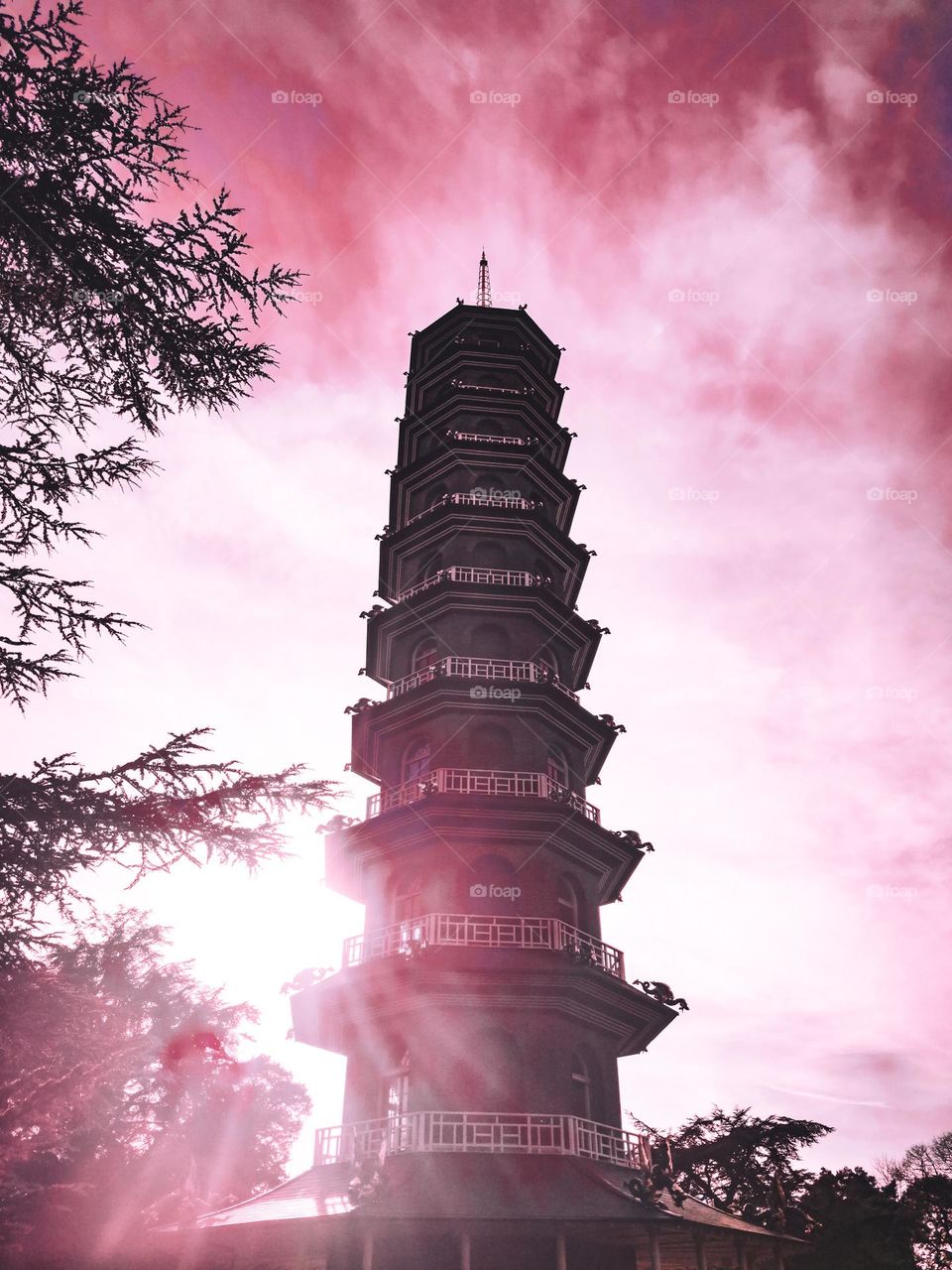 pagoda and pink sky