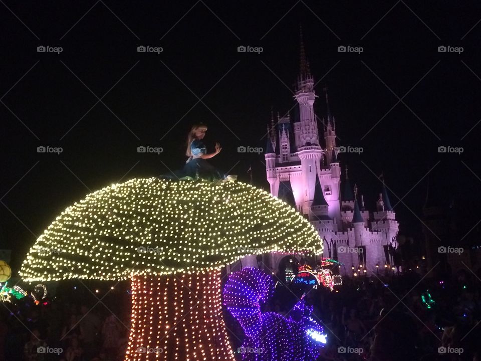 Yellow Mushroom in Disney Parade with Castle