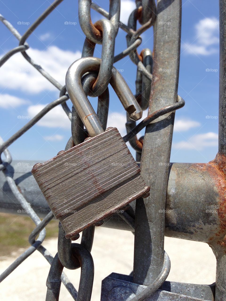 Padlock opened on a wire fence.