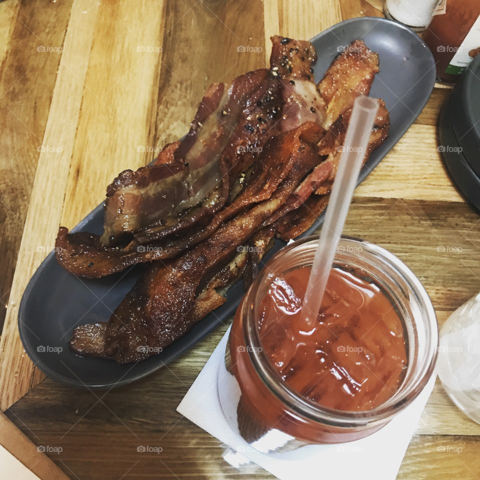 Assorted bacon and a Bloody Mary 