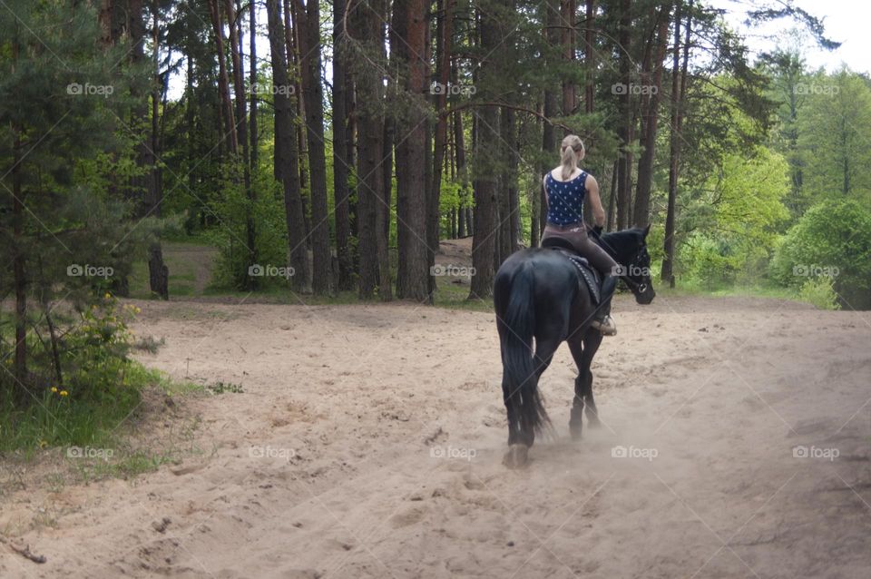 Girl jumps on the horses on the field